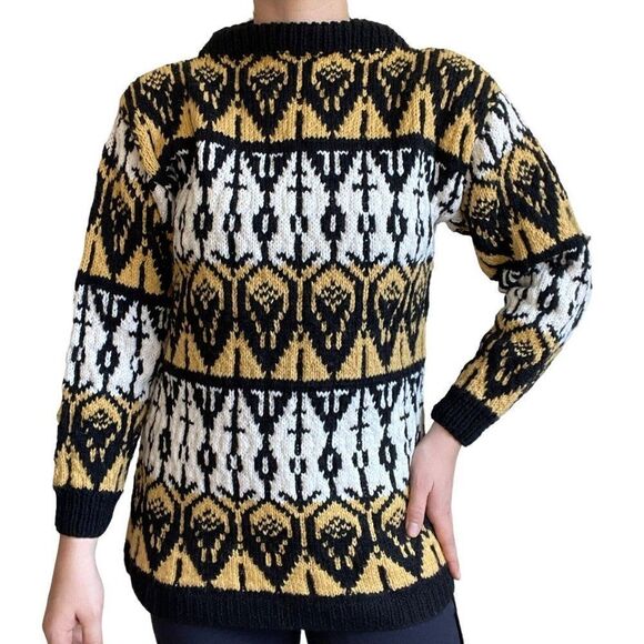 Vintage 1970s Womens Hand Knit Chunky Nordic Fair Isle Wool Geometric Sweater - Picture 1 of 6